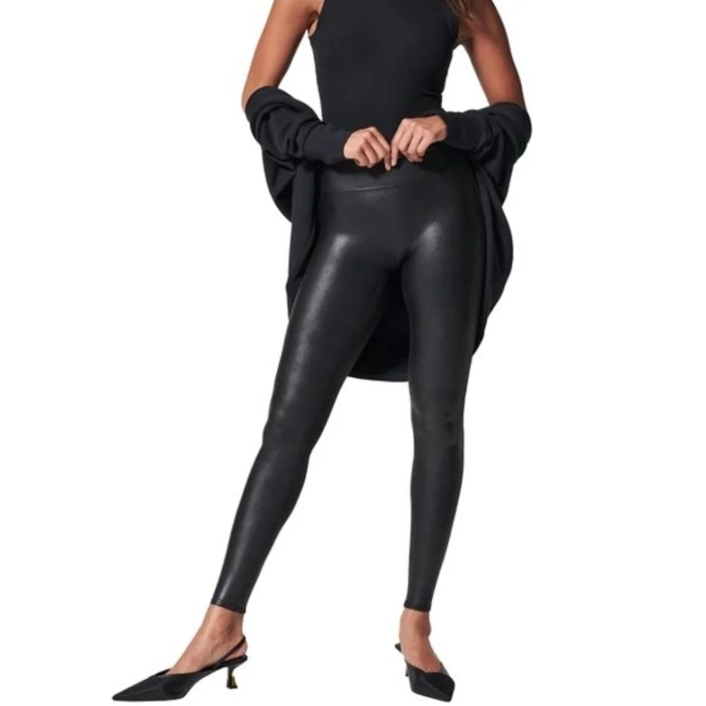 SPANX Black Faux Leather Shimmer Leggings Medium